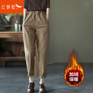 紅蜻蜓 休閑褲女新款韓版寬松春季松緊腰哈倫褲女裝小腳褲顯女士長(cháng)褲 深卡其加絨 M 【建議90-118斤】
