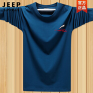 JEEP SPIRIT春秋季重磅長(zhǎng)袖t恤男純棉秋衣運(yùn)動(dòng)休閑寬松大碼打底汗衫圓領(lǐng)體恤 牛仔藍(lán) 小羽毛 3XL 體重165-180斤