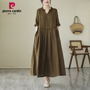 皮爾卡丹（pierre cardin）棉麻苧麻連衣裙2024夏裝新款中年媽I媽寬松洋氣亞麻氣質(zhì)V領(lǐng)長(cháng)裙子 咖色/中長(cháng)款/歐貨/女裝/時(shí)尚/遮 XL