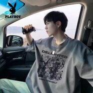 花花公子（PLAYBOY）純棉短袖T恤男黑色2025夏季新款寬松重磅半袖感印花體.恤潮牌 T3588-深灰色 XL