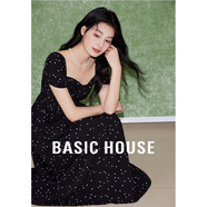 Basic House/百家好波點(diǎn)短袖連衣裙法式復古設計感中長(cháng)款高腰裙子 黑色 XL