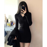 茯見(jiàn)春秋黑色緊身針織連衣裙女性感包臀裙女大衣內(nèi)搭修身御姐短裙子 黑色 均碼