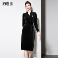 海青藍（CYANINE SEA）高級感絲絨連衣裙2024秋冬新款氣質(zhì)V領(lǐng)綁帶修身顯瘦打底裙喜婆婆 黑色 S