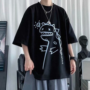 柏斐荻短袖T恤男 時(shí)尚大碼寬松短袖夏季情侶卡通T恤學(xué)生可愛恐龍印花T恤潮男時(shí)尚休閑短袖 C17 黑色 3XL