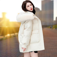 俏婷朵白鴨絨羽絨服女短款2024年冬季新款小個子中長寬松加厚外套派克服 米白-環(huán)保狐貍毛 S 推薦（80-100體重）