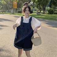 Lauaird特大碼300斤牛仔背帶褲套裝女時尚胖mm夏季韓版遮肉寬松闊腿短褲 上衣背帶褲 XL建議105145斤