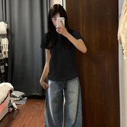 嬌茹妮2025年新款正肩短袖T恤女夏季小個子短款修身顯瘦學生棉打底上衣 黑色 L （88—100斤）