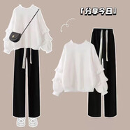 梓洛蘭ZiLuolan2025春季套裝女學(xué)生韓版寬松設計衛衣+學(xué)院風(fēng)牛仔背帶褲 木耳邊衛衣+黑色闊腿褲 XS 建議80斤以下