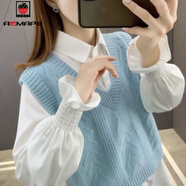 AEMAPE針織衫女2025春秋冬新款 年毛衣女裝襯衫馬甲背心兩裝 天藍色 L _110-125斤