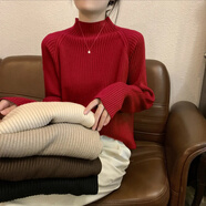 半高領(lǐng)毛衣寬松慵懶風(fēng)可單穿可內(nèi)搭洋氣針織中領(lǐng)打底衫女秋冬加厚 酒紅色 均碼(85-170)