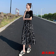美安嘉連衣裙女夏裝大碼赫本風(fēng)中長(cháng)款碎花裙氣質(zhì)腰顯瘦短袖長(cháng)裙子 黑色-胖mm大碼女裝 3XL 155-170斤-胖mm大碼女裝