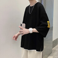 胖優(yōu)米特大碼短袖T恤落肩七分袖男刺繡加肥加大中袖6XL胖子寬松Tt恤衣服 T01黑色 XL