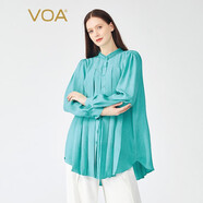 VOA100%真絲提花單排多扣立領(lǐng)褶皺休閑通勤圓弧擺桑蠶絲襯衫 BE787 綠碧采桑(G91) L