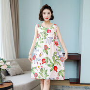 IOSN棉綢女睡衣新款夏媽媽睡裙中長(cháng)款無(wú)袖連衣裙人造棉家居服洋氣 淺色石榴 2XL 85-125斤