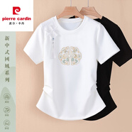 皮爾卡丹新中式國風(fēng)短袖t恤女白色夏季2025新款復古刺繡短袖收腰上衣盤(pán)扣 白色 XL 110-125斤