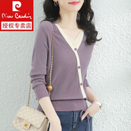 皮爾卡丹（pierre cardin）假兩件針織衫女v領(lǐng)上衣春秋季新款套頭長(zhǎng)袖氣質(zhì)綁帶打底薄款毛衣 TT314%23芋圓紫 M 建議85-99斤