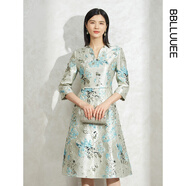 粉藍(lán)衣櫥雅致東方金絲提花喜婆婆輕禮服連衣裙女輕奢A字裙533L583 碧水藍(lán) 2XL