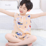 兒童睡衣夏季薄款棉綢夏天背心套裝男童夏裝綿綢寶寶人造棉家居服 無(wú)袖短褲跑車(chē) 65號建議穿90cm