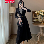 衣領(lǐng)飄飄高檔品質(zhì)品牌優(yōu)雅氣質(zhì)時(shí)尚女裝V領(lǐng)連衣裙長(cháng)袖春秋高腰打底裙子冬 黑色 M(95-105斤)