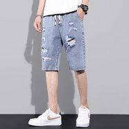 爵少夏季新款五分牛仔褲男寬松大碼薄款牛仔短褲馬褲松緊腰破洞休閑褲 獅依 U89 淺藍色 XL