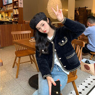 翊尚美織帶拼接小香風短外套女皮草女25年冬裝新款高級感短款仿水貂毛 黑色 均碼 【推薦80-140斤】