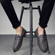 藝佰健休閑皮鞋新款男士軟底商務(wù)英倫小皮男鞋一腳蹬懶人鞋真皮豆豆鞋樂(lè )福鞋 灰色 41（偏大一碼建議拍小一碼）