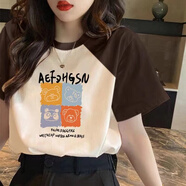登森奧奧（DeSenAoAo）短袖t恤女2023夏季新款純棉短袖體恤韓版百搭女式上衣夏裝 棕肩（四方熊） S 建議98斤內