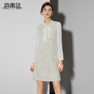 海青藍（CYANINE SEA）高檔簡約氣質小香風連衣裙女2024秋裝新款系帶領拼接粗花呢裙子 米白色 XL