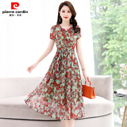 皮爾卡丹（pierre cardin）碎花連衣裙女夏季2025年新款氣質(zhì)修身顯瘦洋氣別致年輕MM長(zhǎng)裙子針 紅色 L