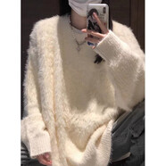 QGF圓領(lǐng)毛衣女新款冬季外套高級(jí)感慵懶風(fēng)寬松休閑毛茸茸針織衫上衣服 米白色 M