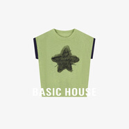 Basic House/百家好2025夏季新款撞色星星印花針織短袖T恤上衣 綠色 L 120-135斤