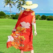 淘顏說(shuō) (TAOYANSHUO)淘顏說(shuō)真絲桑蠶絲連衣裙夏天2021年新款喬其印花五分袖寬松中長(cháng)款 紅花色 L