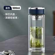富光（FUGUANG）男款雙層玻璃杯商務(wù)高端水杯團隊定制刻字車(chē)載泡茶大容量茶杯 靜謐藍500ml加厚杯底+不銹鋼回