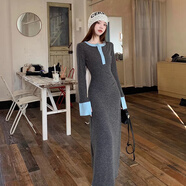 逸兼撞色拼接長(cháng)袖連衣裙女裝早春季收腰修身針織包臀裙氣質(zhì)長(cháng)裙內搭 撞色拼接連衣裙【深灰色-M】