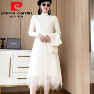 皮爾卡丹（pierre cardin）小香風(fēng)黑色打底針織連衣裙女秋冬修身顯瘦純色百搭網(wǎng)紗拼接毛衣裙 白色 【不規則下擺】 均碼 85-135斤