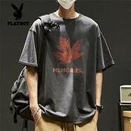 花花公子（PLAYBOY）純棉短袖t恤男ins潮牌日系港風復古高街重磅夏裝寬松潮流帥氣美式 深灰色短袖T恤(楓葉) 3XL(適合170-190斤)