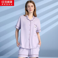 紅豆居家夏季款情侶全棉睡衣精致刺繡基礎(chǔ)款簡約休閑短袖家居服套裝可外穿 女款香芋紫 L 170/92A