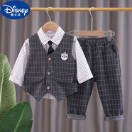迪士尼（Disney）寶寶春秋季套裝男童三件套2024新款嬰兒童裝小童秋裝衣服西裝馬甲 灰色 條紋襯衫馬甲三件套 90