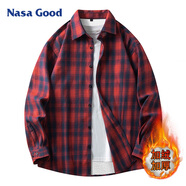 NASA GOOD長袖襯衫男冬季加絨保暖潮流格子上衣休閑打底衫男裝外套 紅3XL