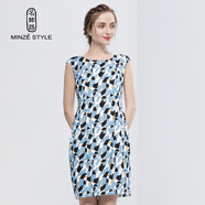 名師路印花連衣裙女春秋裝新款通勤名媛淑女氣質(zhì)無(wú)袖鉛筆裙職業(yè)打底裙 藍色53B M