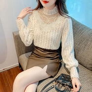 KAHTOP2025秋冬新款洋氣喇叭袖蕾絲打底衫女半高領(lǐng)磨毛內搭小衫上衣DJC 花朵杏色【雙層有內里不透】 薄款 【尺碼偏大】 M (建議95-105斤)