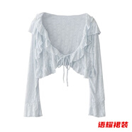 風(fēng)曉薇遮陽(yáng)開(kāi)衫薄款外搭罩衫女蕾絲喇叭袖短款網(wǎng)紅小披肩夏季外套 藍色/遮肚子上衣 XL 遮肚子上衣
