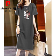 皮爾卡丹（pierre cardin）灰色圓領(lǐng)短袖連衣裙女夏季薄款大l碼國(guó)風(fēng)洋氣減齡中長(zhǎng)款字恤裙子 京劇風(fēng)-石墨灰 M 【95-110斤】
