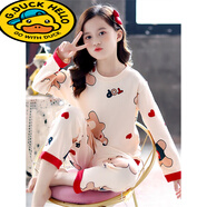 G.duck小黃鴨女童棉睡衣春夏秋裝2026新款兒童長(cháng)袖卡通圓領(lǐng)套裝女孩公主 杏色【JY1470】 110碼建議身高100-110cm