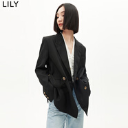 LILY春新款女裝時尚純色通勤款復古雙排扣干練洋氣西裝外套女 510黑 L