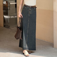 美洋（MEIYANG）后耳牛仔半裙法式復古做舊水洗后開(kāi)叉松弛A(yíng)字長(cháng)裙高腰新款半身裙 復古藍（常規版） XL