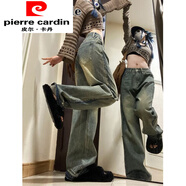 皮爾卡丹（pierre cardin）美式街頭bf水洗做舊闊腿牛仔褲女春秋潮牌復古直筒寬松拖地長(cháng)褲子 復古藍 2XL