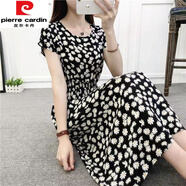 皮爾卡丹（pierre cardin）棉綢連衣裙夏波西米亞背心長(zhǎng)裙碎花沙灘裙女海邊度假人造棉印花裙 蝙蝠袖深底雛菊 M建議80-90斤