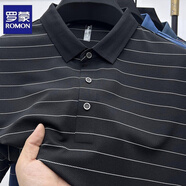 羅蒙（ROMON）冰絲短袖t恤男翻領(lǐng)中年條紋大碼半袖polo保羅衫夏季涼感爸爸體恤 黑色 XL