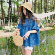 索宛亦（SUOWANYI）娃娃衫上衣夏季韩版宽松甜美洋气套头木耳边很仙的蓬蓬衬衫减龄 蓝色 2XL 建议145-160